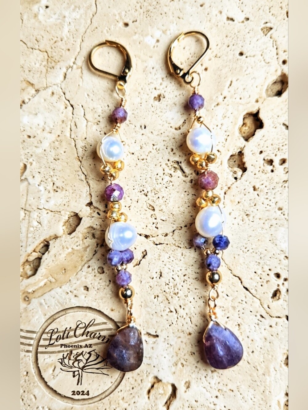 Genuine Raw Rubies & Natural Pearls In Artisan Long Drop Gold Plated Earrings